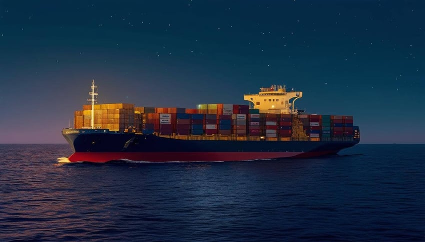 Create an image of a container ship at sea at night, please
