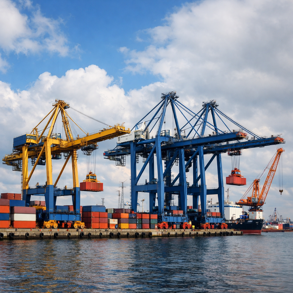 Create in image of industrial cranes at a port-1