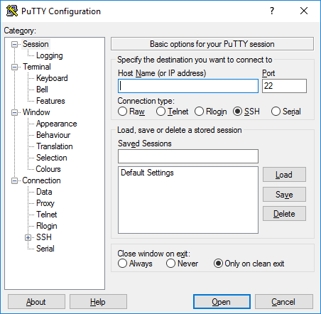 PuTTY Windows configuration and connection screen with profile save option