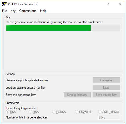 PuTTYgen generating RSA SSH key