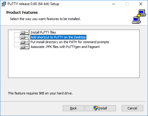 Selecting installation options for PuTTY installer on Windows 7, 8, 10